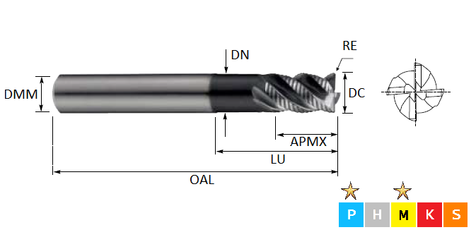 6.0mm 4 Flute Extended Neck 45 Degree Helix Fine Pitch Roughing Sabre PM End Mill